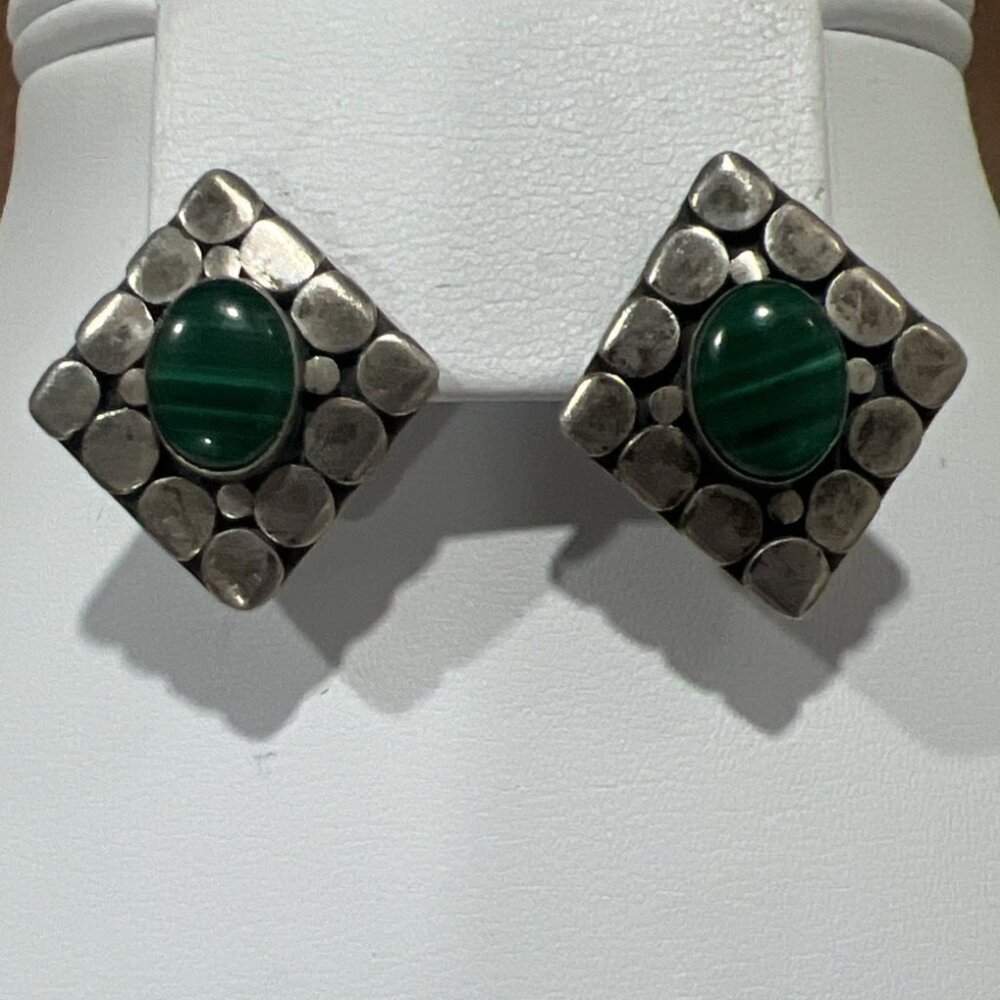 Vintage Malachite Sterling 925 Silver 3/4 Inch Earrings - Picture 1 of 7